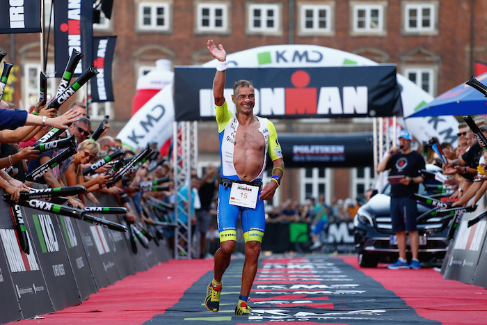 COPENHAGEN, DENMARK - AUGUST 23:  Andreas Niedrig of Germany celebrates finishing in third place during the Ironman Copenhagen race on August 23, 2015 in Copenhagen, Denmark.  (Photo by Harry Engels/Getty Images for Ironman)